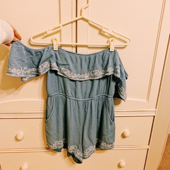 Baby Blue Embroidered Off-the-Shoulder Romper - Picture 1 of 4